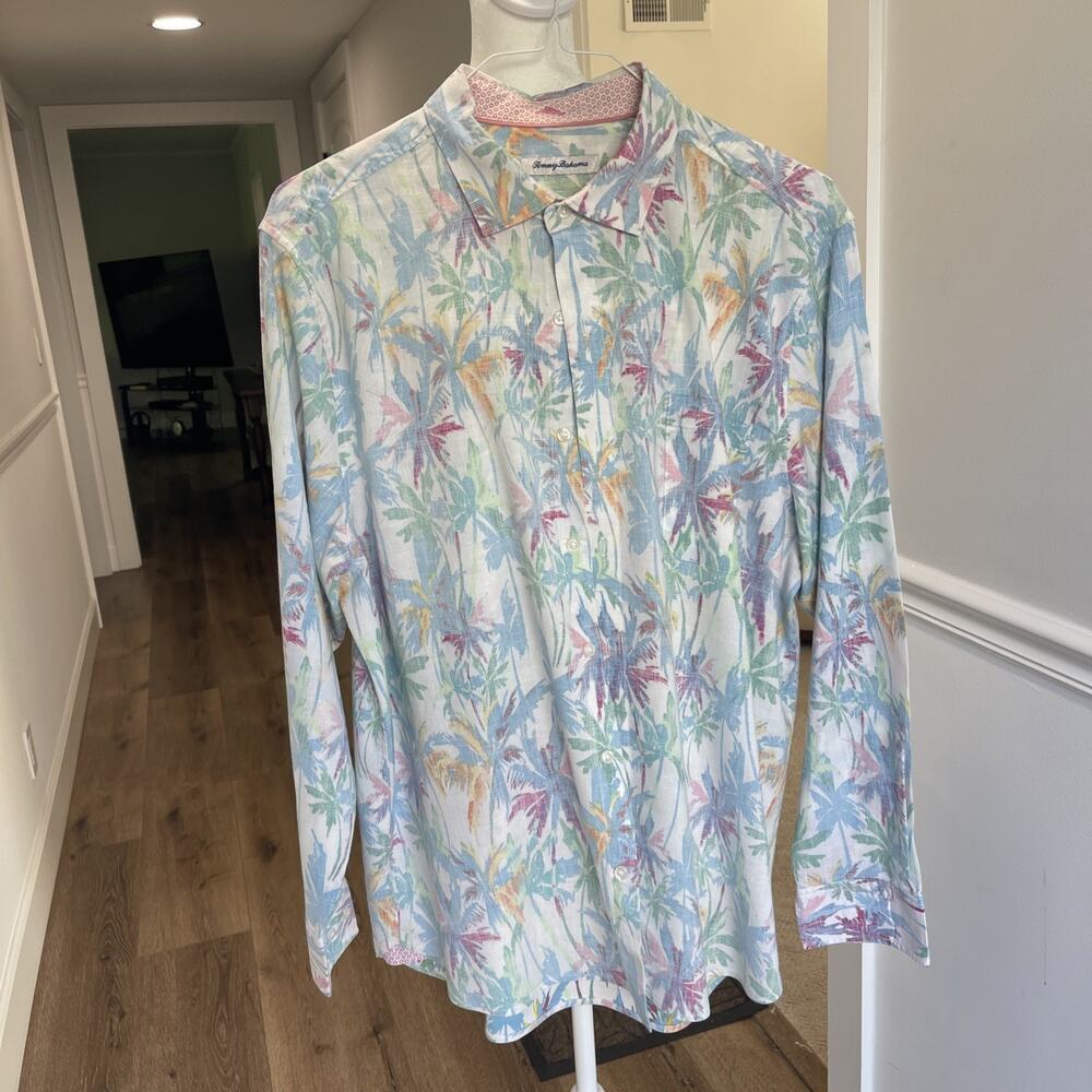 Tommy Bahama Men XL Linen Blend Hawaiian Button Down Beach Wear Casual Floral